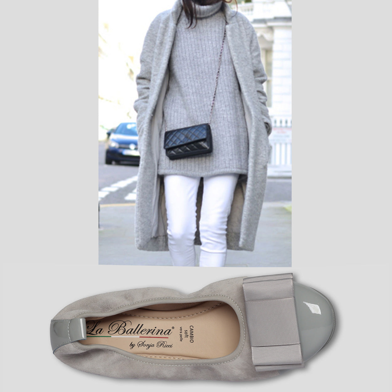 S68 💕La Ballerina Cambio grau – Veloursleder mit Lackleder & Wechselschnalle Sonja Ricci
