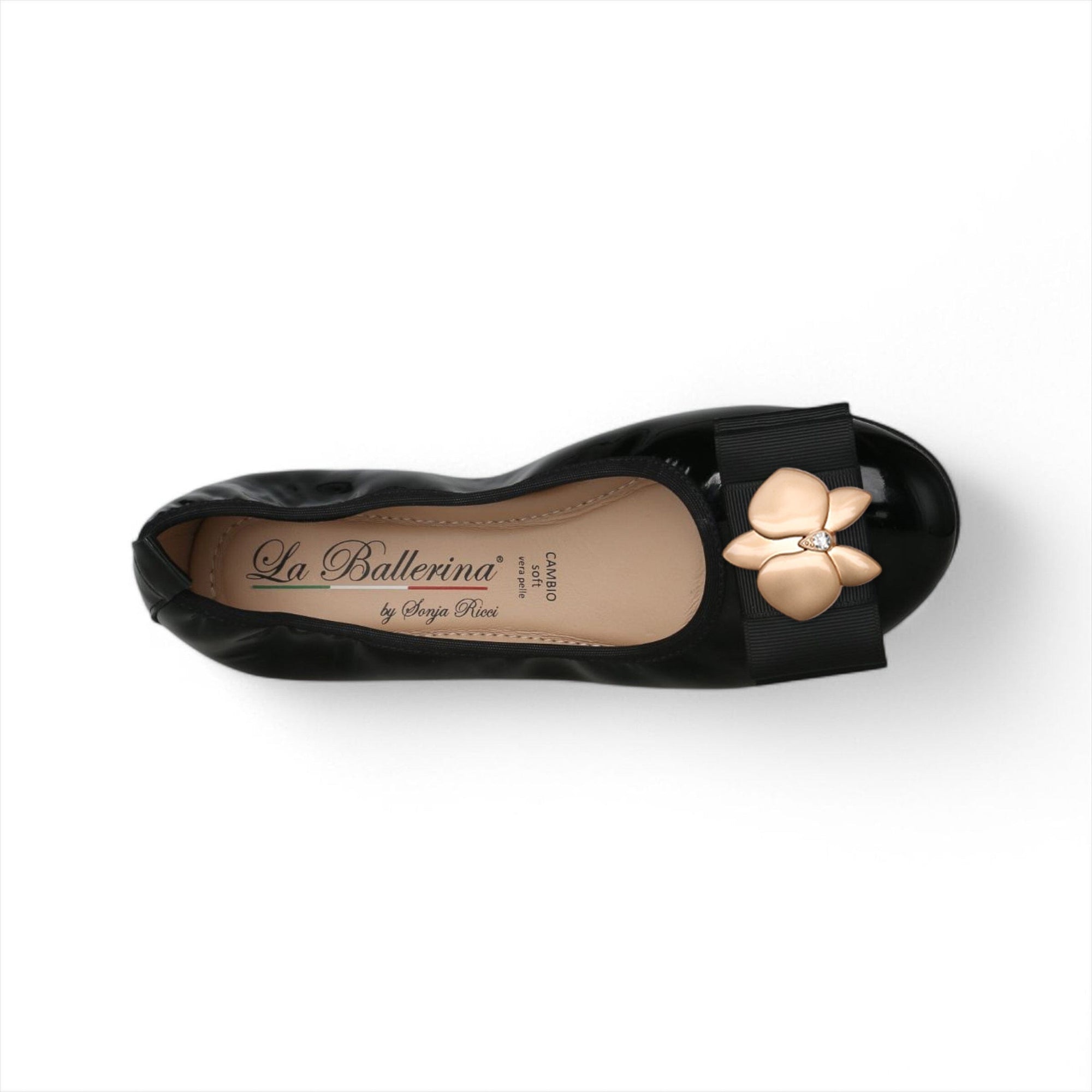 LA BALLERINA SIGNATURE S65 CAMOSCIO NERO - VERNICE NERO FIOCCO QUARTIERE ORO & LINDA ORO - La Ballerina