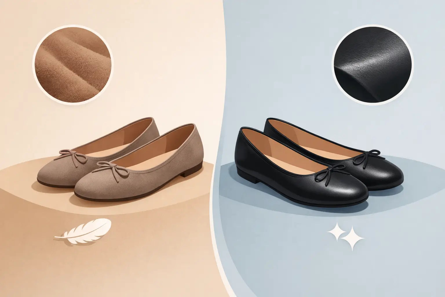 Materialvergleich: Ballerinas aus Velours und Glattleder