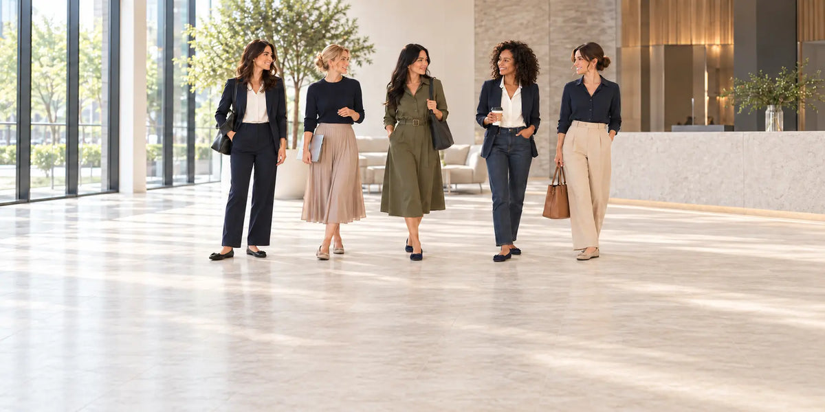 Fünf Frauen in unterschiedlichen Bürooutfits mit schwarzen, beigen und dunkelblauen Ballerinas in einer hellen Lobby