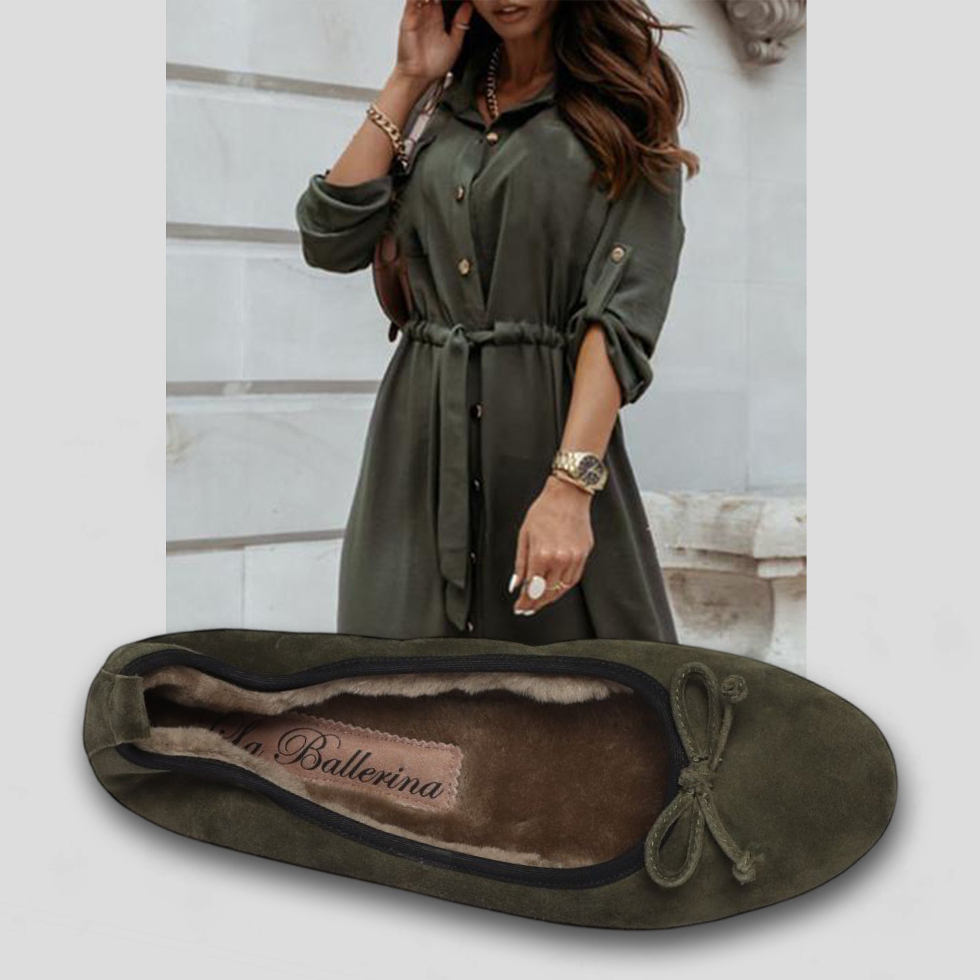 15W💕 La Ballerina NO CAMBIO – Grüne Damen-Ballerinas aus Veloursleder, warmgefüttert für den Winter - La Ballerina