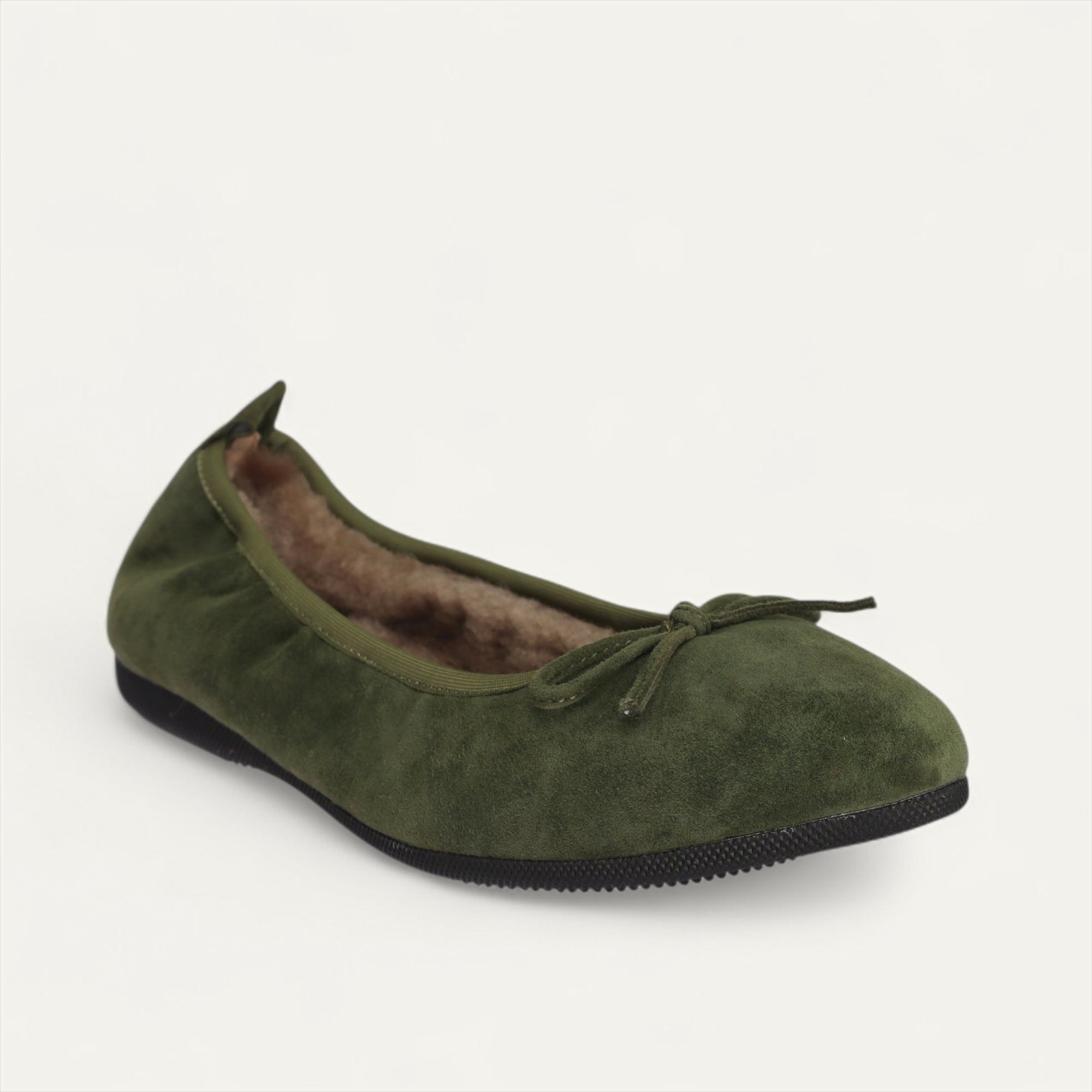 BASIC Winter Damen-Ballerinas aus Veloursleder in Olivgrün mit Lammfell – C22 BASIC Winter Ballerinas