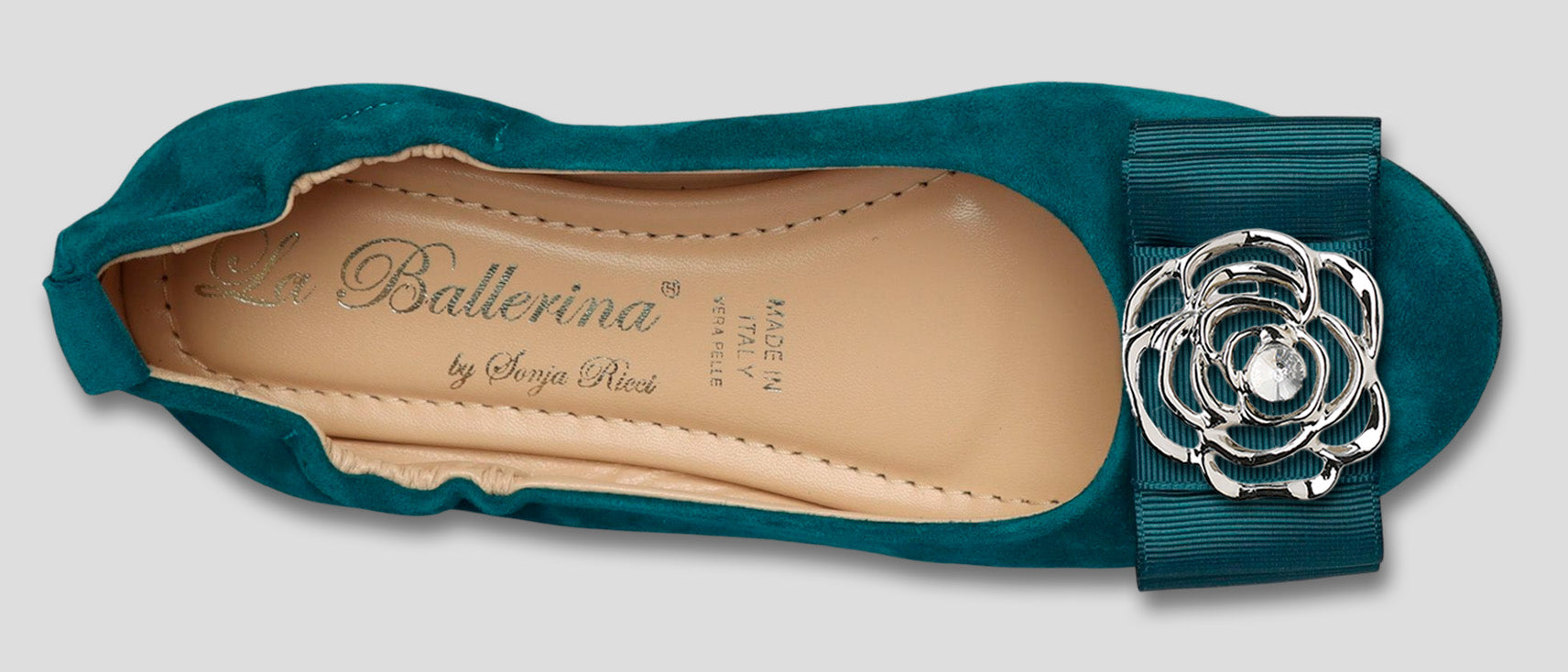 La Ballerina by Sonja Ricci – Damen-Ballerina in petrol mit Schleife &amp; Schmuckbrosche (59) - La Ballerina