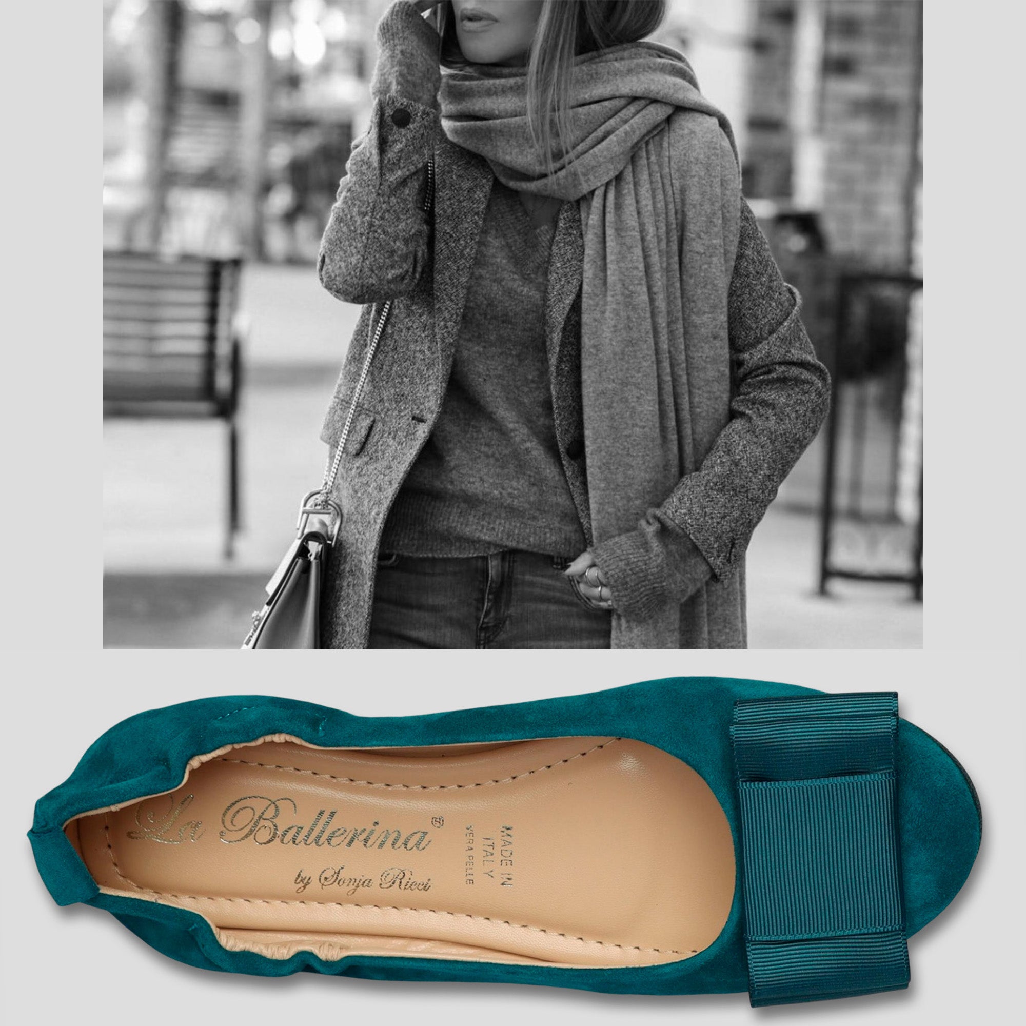 La Ballerina by Sonja Ricci – Damen-Ballerina in petrol mit Schleife & Schmuckbrosche (59) - La Ballerina