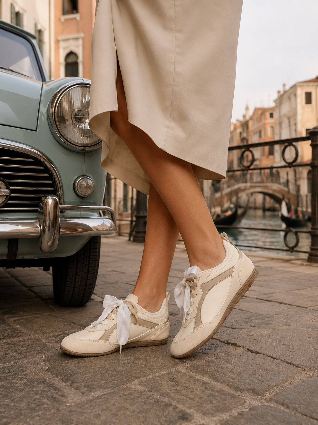 Premium Damen Sneaker – Nappaleder, Textil &amp; Veloursleder | LA BALLERINA | UP25AS039-BEIGE-TOP