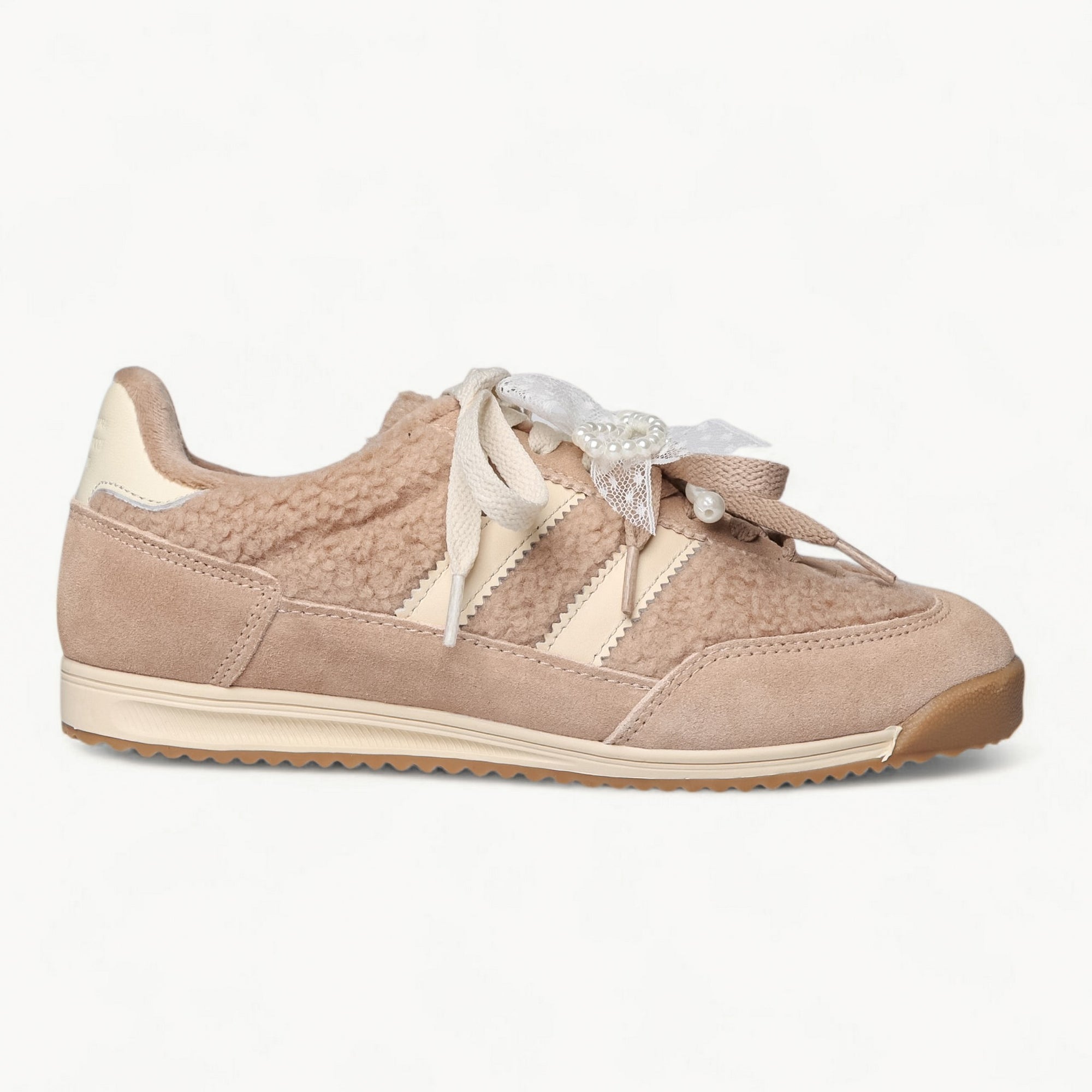 Dames sneakers van LA BALLERINA in taupe en crème van suède – zijaanzicht
