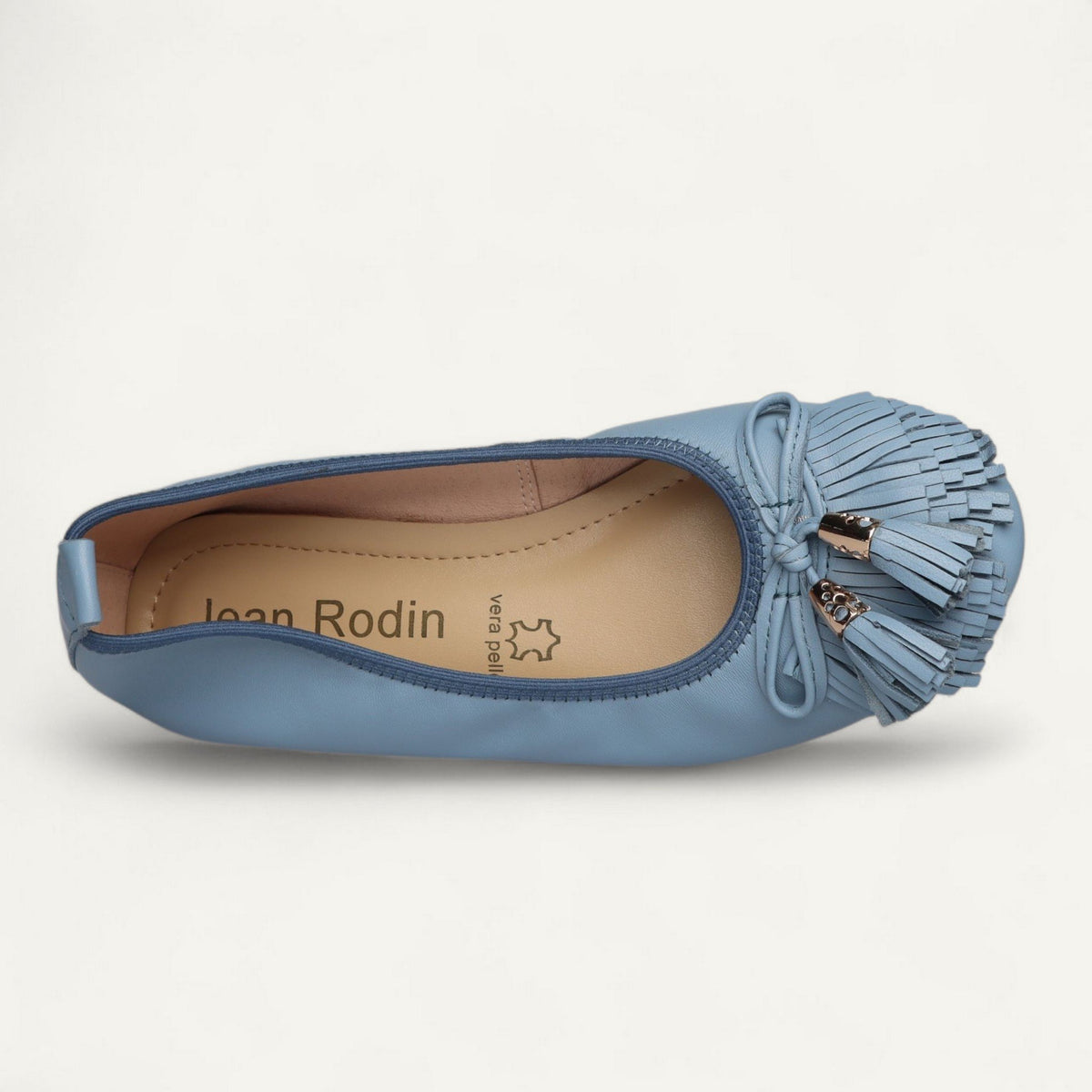 Ballerinas Blau, Nappaleder, EU 36 – Draufsicht auf Zierdetail und Lederinnensohle
