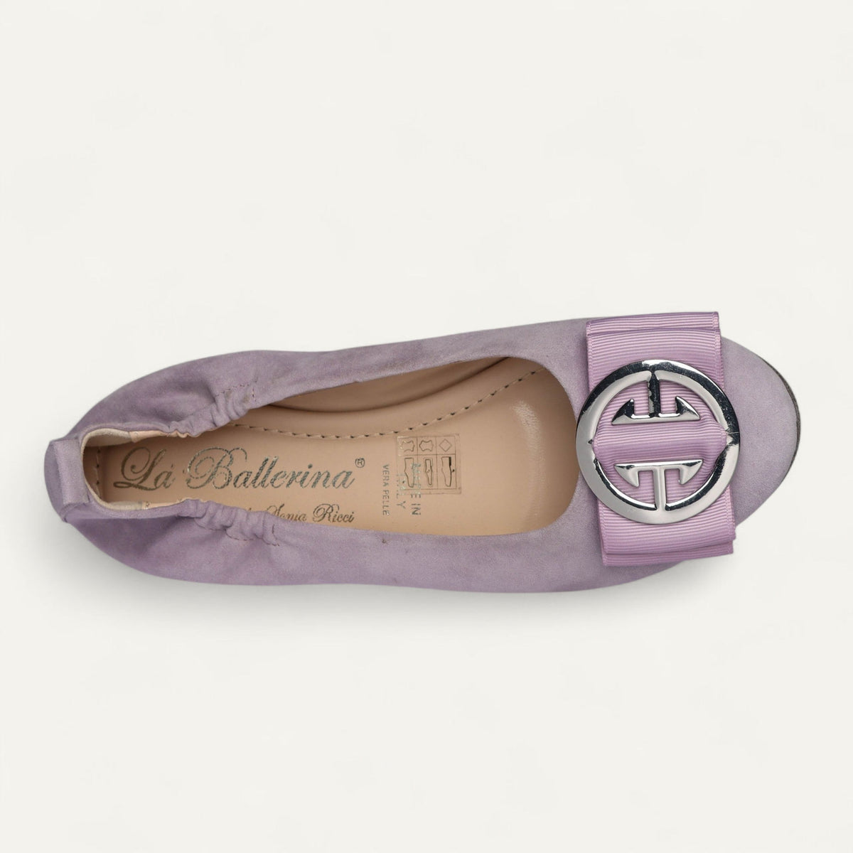CAMBIO Ballerinas aus lilafarbenem Veloursleder, Größe 40 – Draufsicht mit dem zweiten wechselbaren Schnallendesign