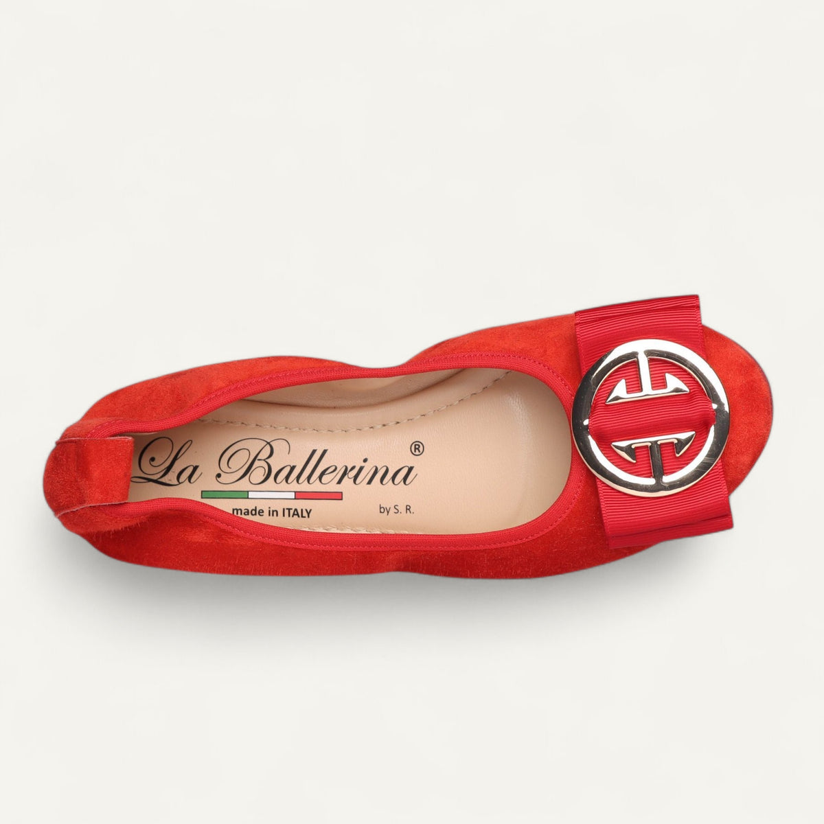 CAMBIO Ballerinas aus Veloursleder in Rot – Draufsicht auf Schnalle und Innensohle.
