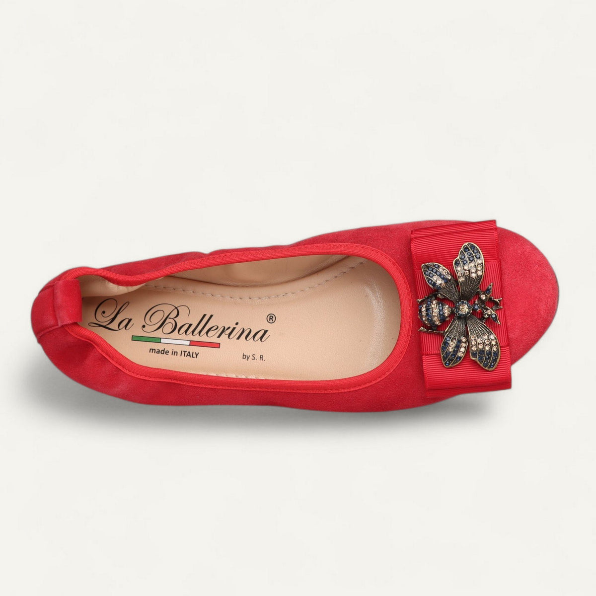 CAMBIO Ballerinas Rot, Veloursleder, EU 39 – Draufsicht auf Zierdetail und Lederinnensohle