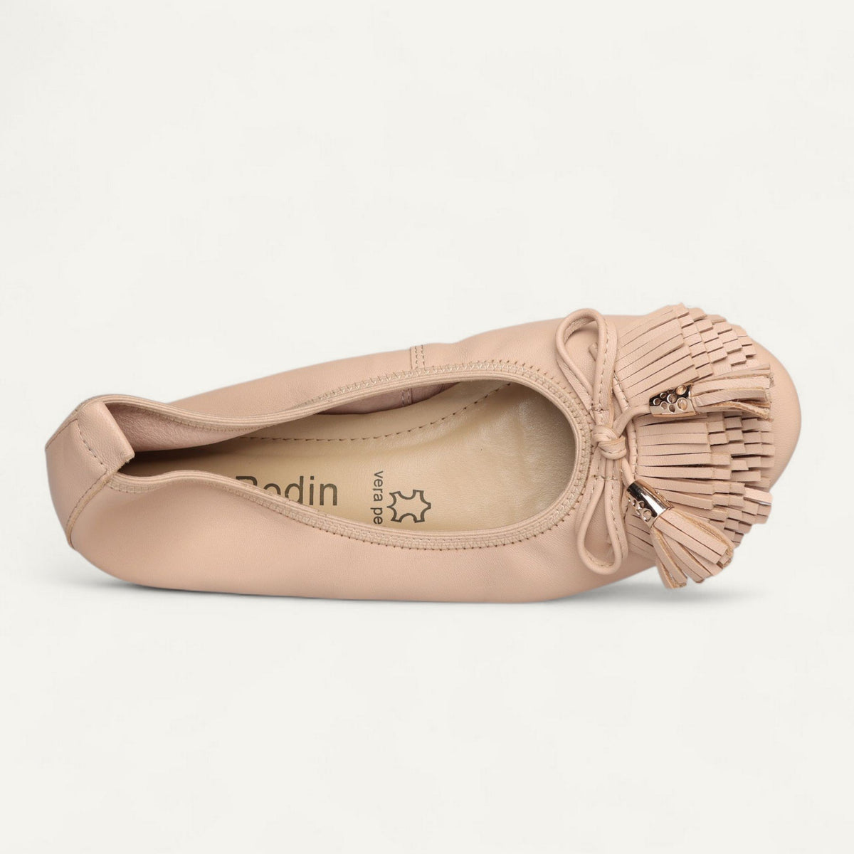 ballerines beige, cuir nappa, EU 36 et 36,5 – vue de dessus du détail décoratif et de la semelle intérieure en cuir