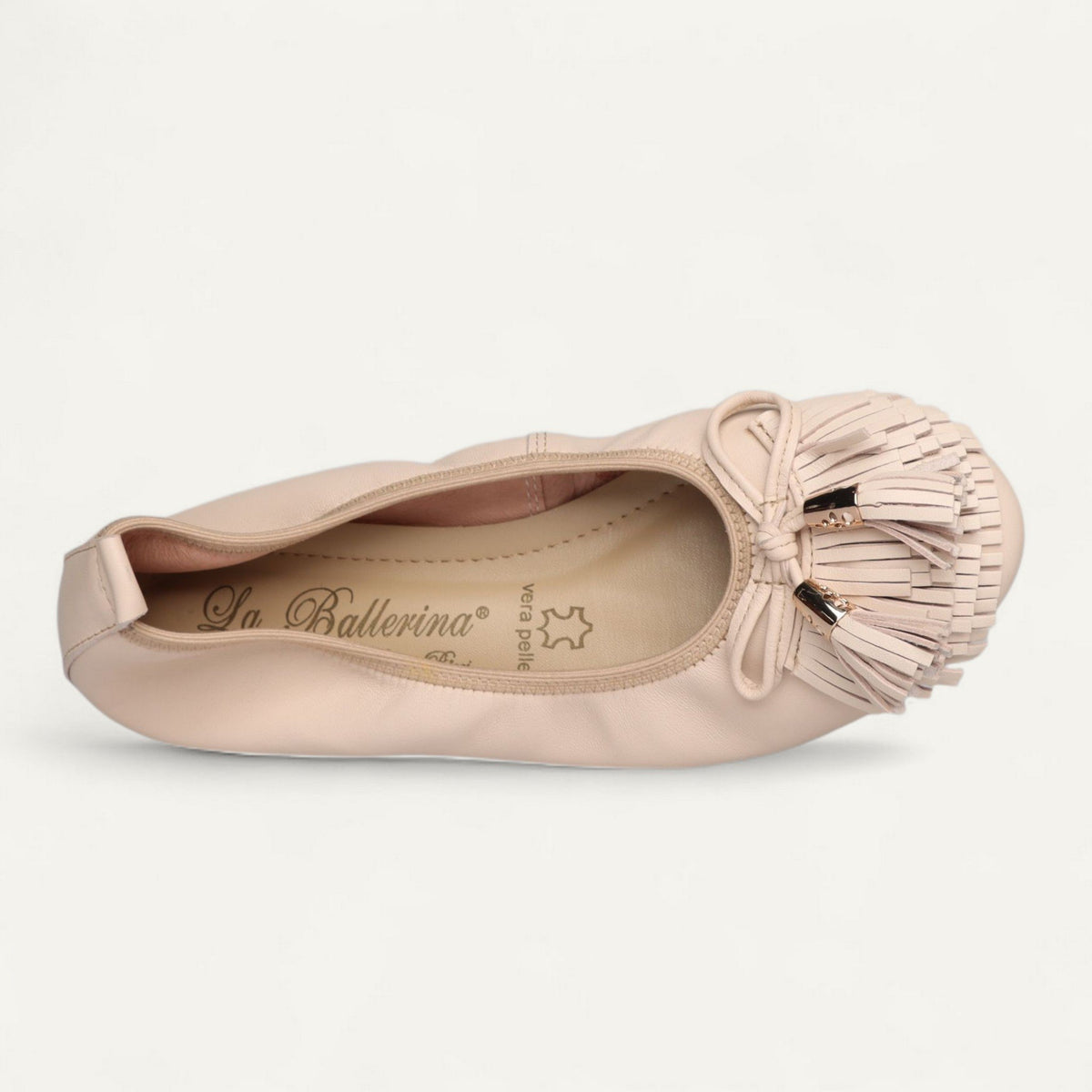 Ballerinas Beige, Nappaleder, EU 36 – Draufsicht auf Zierdetail und Lederinnensohle