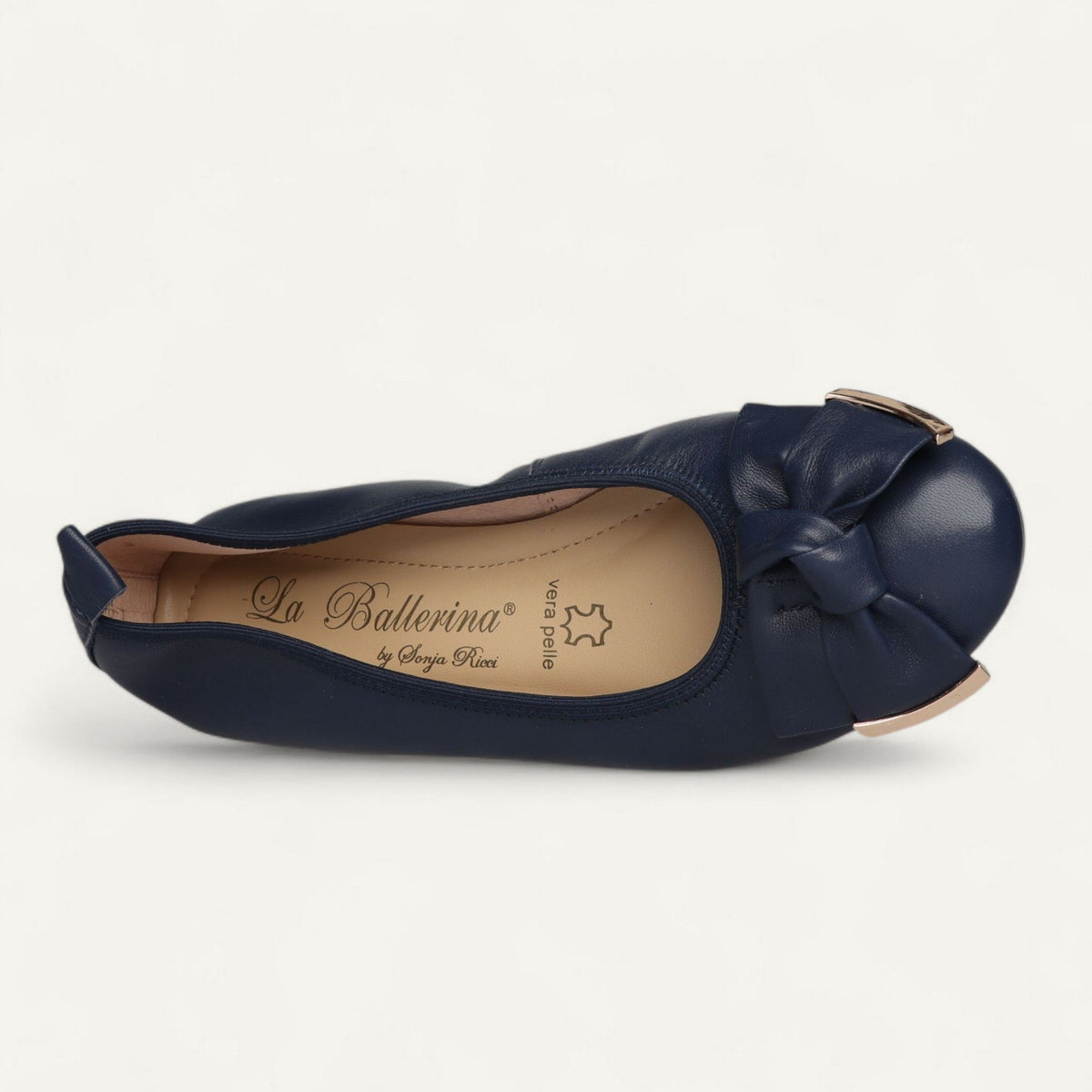ballerines bleu marine, cuir nappa, EU 36,5 – vue de dessus du détail décoratif et de la semelle intérieure en cuir