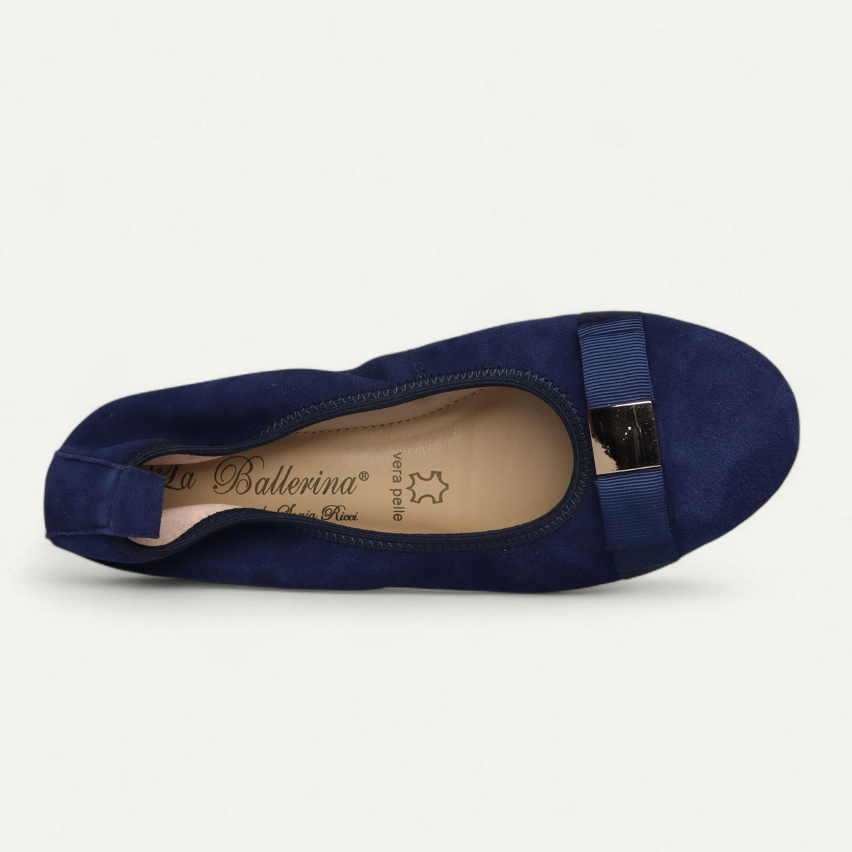 Ballerinas Dunkelblau, Veloursleder, EU 37 – Draufsicht auf Zierdetail und Lederinnensohle