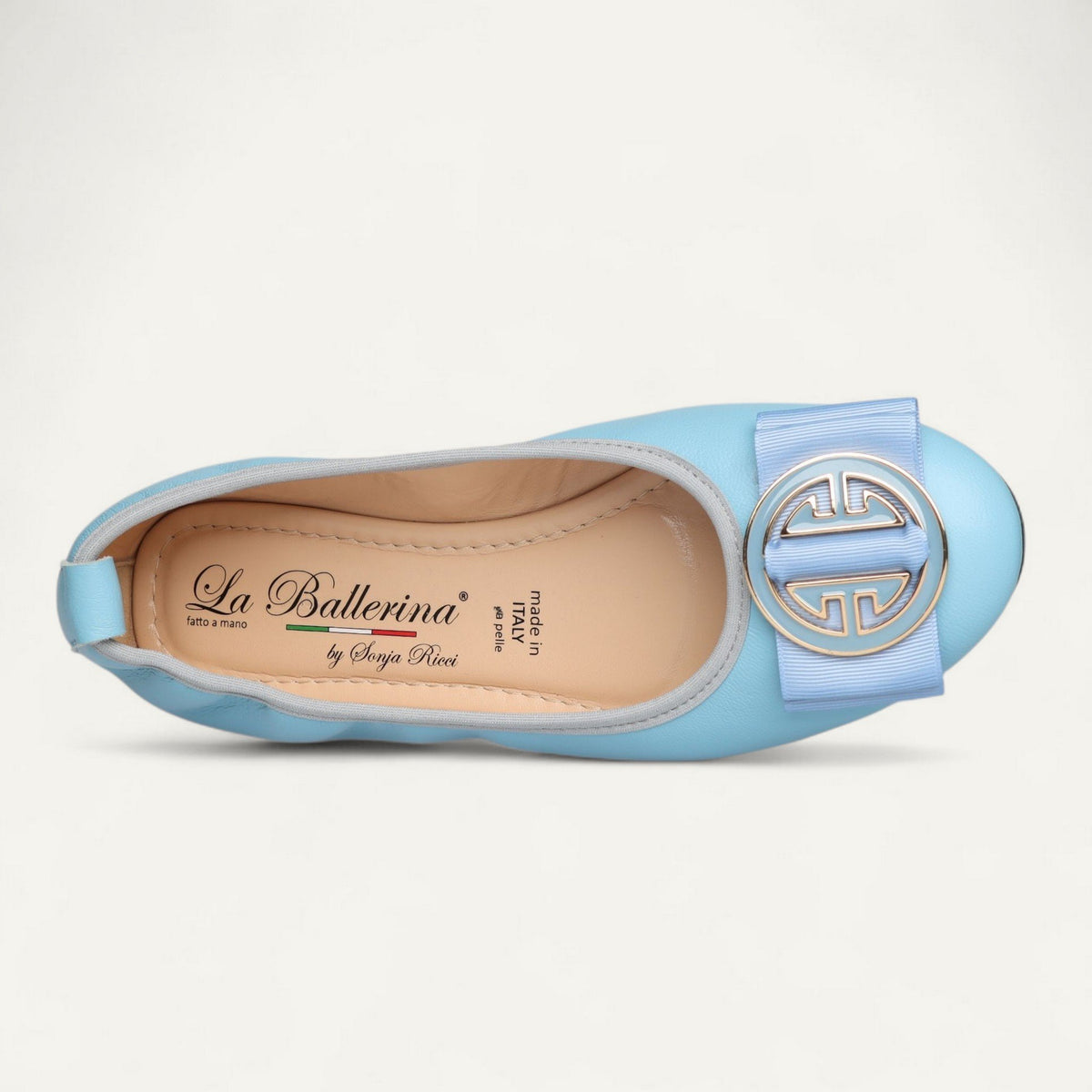 ballerines bleu clair, cuir nappa, EU 39,5 – vue de dessus du détail décoratif et de la semelle intérieure en cuir