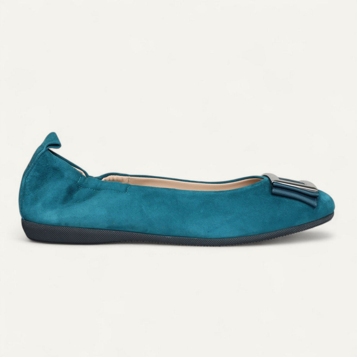 ballerines bleu pétrole, cuir velours, EU 40 – vue de profil, bout vers la droite