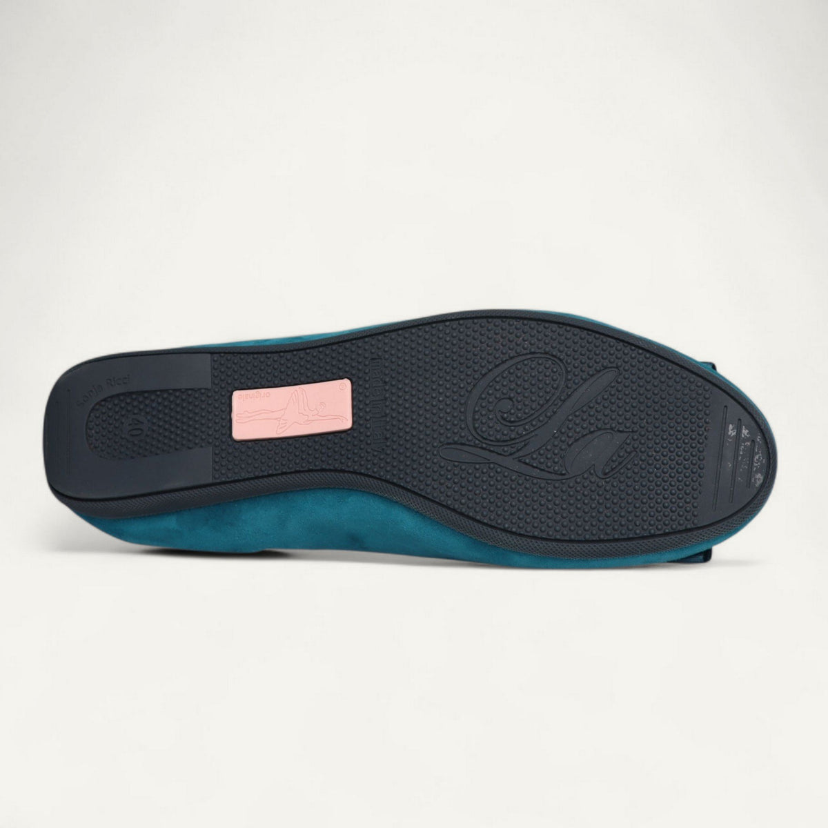 ballerines bleu pétrole, cuir velours, EU 40 – dessous avec semelle en caoutchouc