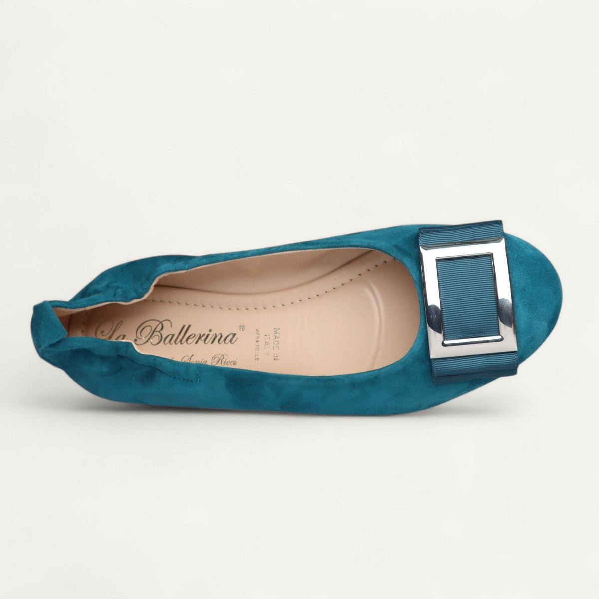 ballerines bleu pétrole, cuir velours, EU 40 – vue de dessus du détail décoratif et de la semelle intérieure en cuir