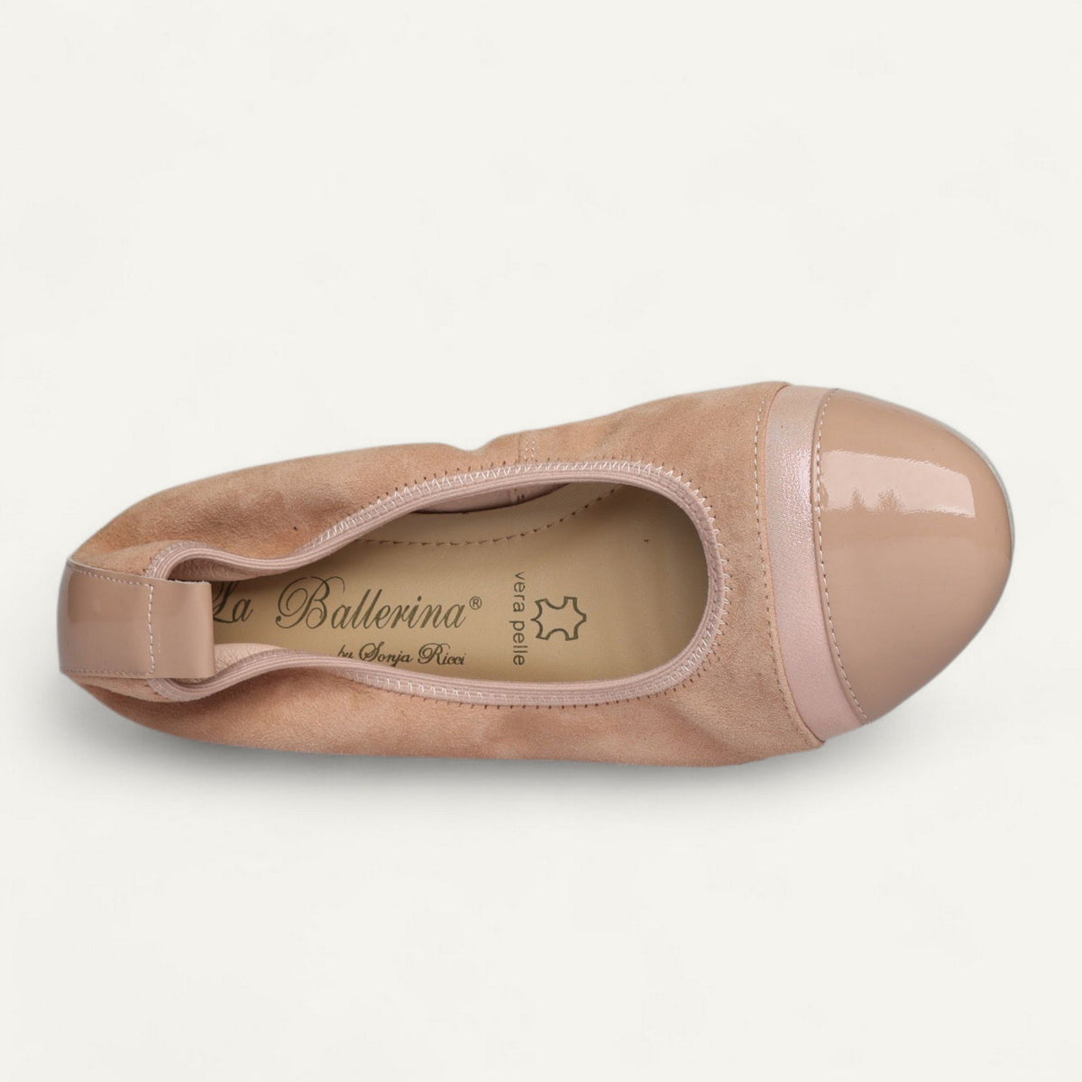 Ballerinas Rosa, Veloursleder / Lackleder, EU 36,5 – Draufsicht auf Zierdetail und Lederinnensohle