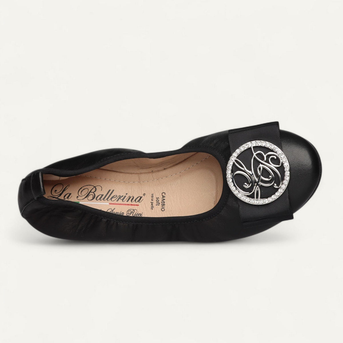 Ballerinas Schwarz, Nappaleder, EU 38 – Draufsicht auf Zierdetail und Lederinnensohle