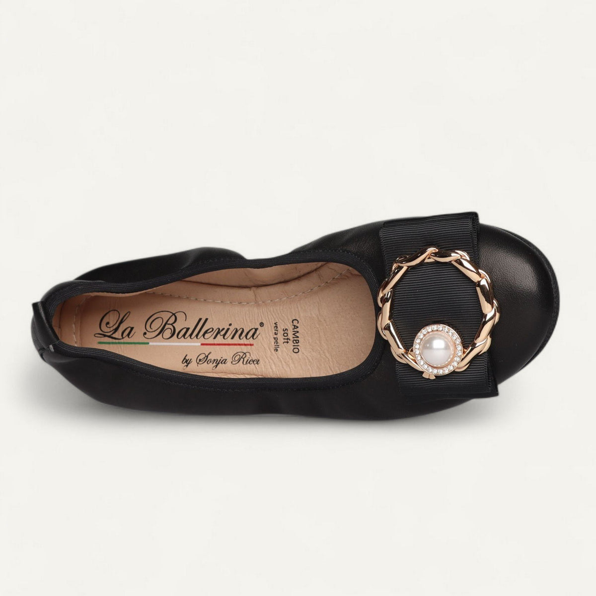Ballerinas Schwarz, Nappaleder, EU 37 – Draufsicht auf Zierdetail und Lederinnensohle