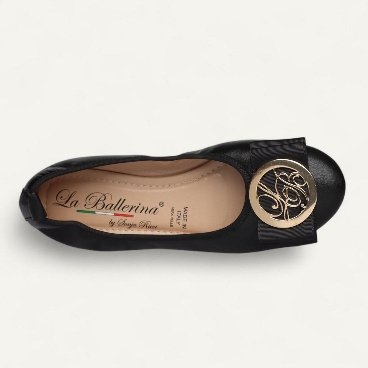Ballerinas Schwarz, Nappaleder, EU 37 – Draufsicht auf Zierdetail und Lederinnensohle