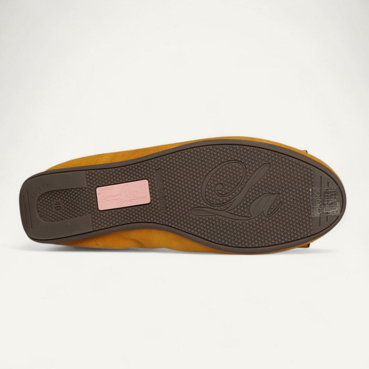 Ballerinas Senfgelb, Veloursleder, EU 40 – Unterseite mit Gummisohle