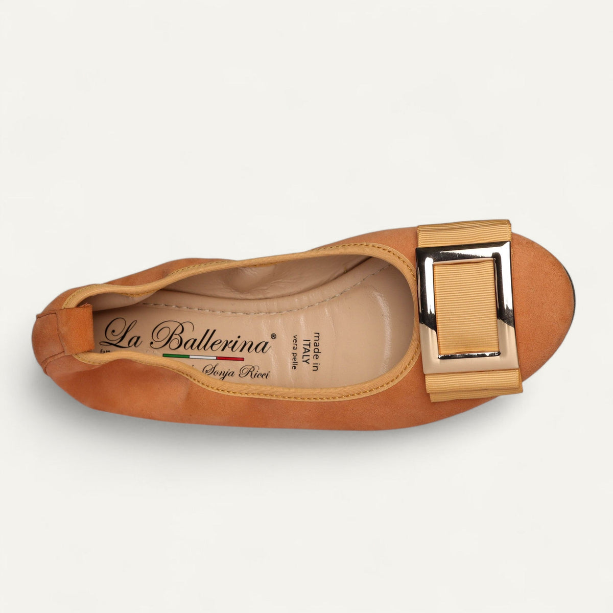 Ballet flats in orange suede with a fixed buckle – size 37.5 – Top view with the fixed buckle