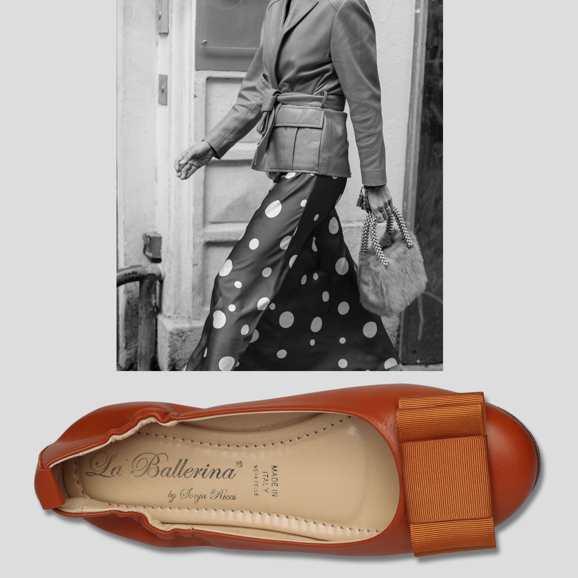 La Ballerina Damen-Ballerinas aus Nappa-Leder in Braun mit eleganter Schleife – handgefertigt in Italien, Modell von Sonja Ricci. Stilvolle Kombination mit femininer Mode im Streetstyle-Look