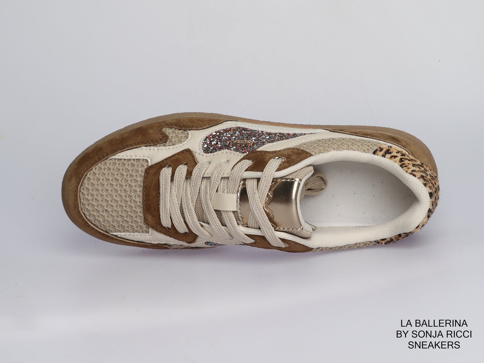 Damen Sneaker aus Veloursleder mit Glitzerdetails in Beige | LA BALLERINA | Art. W52392